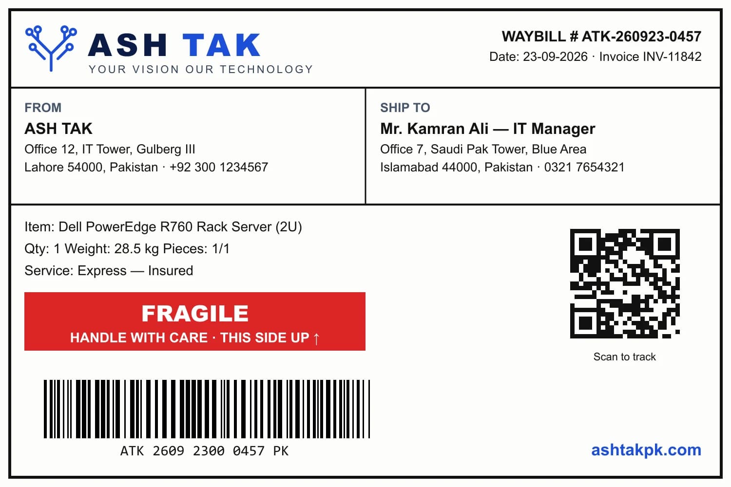 ASH TAK shipping label: waybill ATK-260923-0457 from Lahore to Blue Area, Islamabad, with barcode and QR code